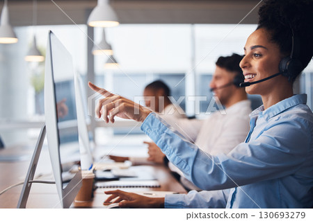 Call center, customer service and help with a black woman consultant working in her communication office. Contact us, telemarketing and consulting with a female employee at work using a headset 130693279