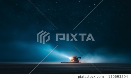 Harvesting corn at night under a starry sky in a remote field 130693294