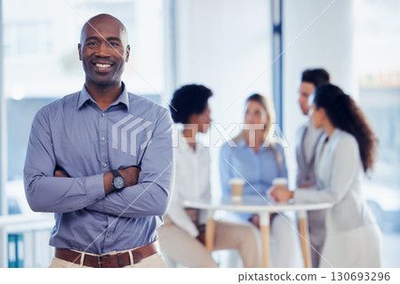 Business man, office manager and portrait of a corporate leadership employee with a smile. Proud, blurred background and success of a management worker with motivation from team collaboration 130693296