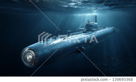 Advanced submarine navigating deep ocean waters with beams of light illuminating the scene 130693368