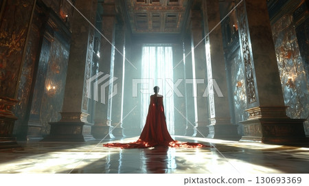 Queen Esther stands regal in the opulent palace, illuminated by soft sunlight streaming through grand windows 130693369