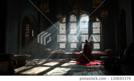 Ester's royal moment in the palace, illuminated by soft rays of light and intricate window patterns 130693370