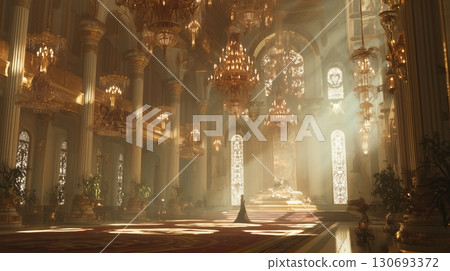 Queen Esther in the opulent palace, surrounded by grandeur and light during an important royal event 130693372