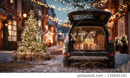 Car trunk filled with holiday gifts parked near a beautifully decorated Christmas tree 130693385
