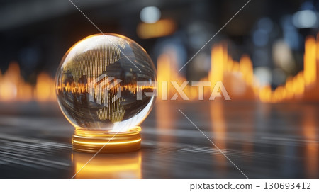 Crystal globe with world map reflecting sound waves and glowing orange background elements 130693412