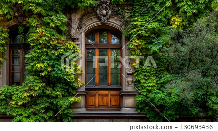 Vintage architecture with wooden window surrounded by lush green ivy and vibrant foliage 130693436