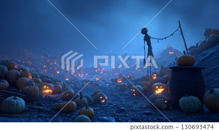 Spooky Halloween landscape with glowing pumpkins and eerie scarecrow under moonlit sky Spooky Halloween landscape with glowing pumpkins and eerie scarecrow under moonlit sky 130693474