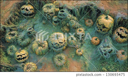 Spooky pumpkin patch with carved faces and cobwebs creating an eerie Halloween atmosphere 130693475
