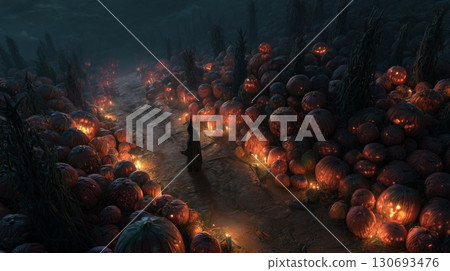 Mysterious figure walking through a dark pumpkin patch illuminated by glowing lanterns at night 130693476