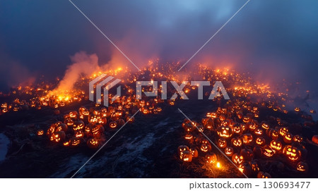 Spooky Halloween pumpkin festival with glowing jack-o'-lanterns in a misty landscape at night 130693477