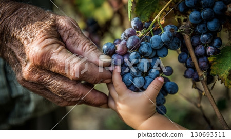 Father and son harvesting grapes together in a family vineyard during the autumn season 130693511