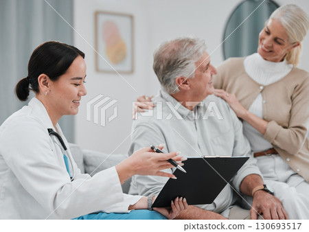 Nurse, healthcare and trust with a senior couple in their home, talking to a medicine professional. Medical, insurance or life cover with a mature man and woman meeting a nursing assistant in a house 130693517