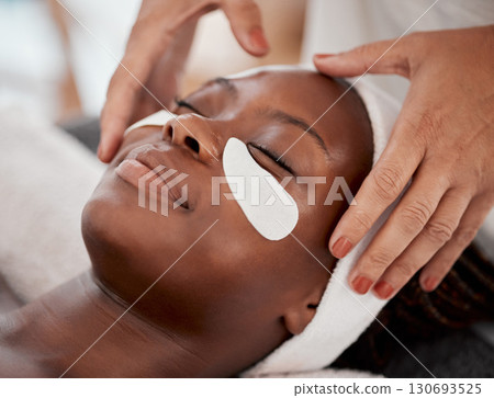 Salon woman, hands or face massage for beauty healthcare, cosmetics facial treatment or spa wellness. Luxury medical service, health or relax African client, customer or patient for professional care 130693525