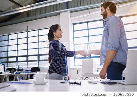 Handshake, office partnership and people happy for investment deal, b2b contract negotiation or acquisition agreement. Human resources, hiring welcome and journalist job interview with HR manager 130693530