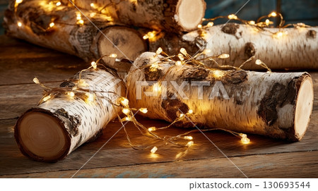 Decorative string lights elegantly draped over birch logs on a rustic wooden table during an intimate gathering 130693544