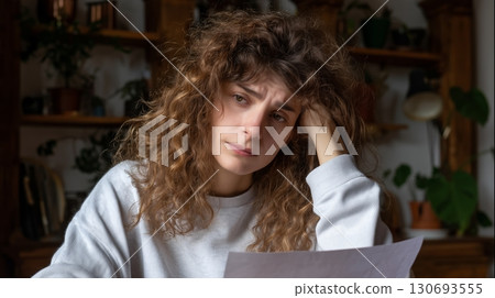 Young woman feels overwhelmed while reading an emotional letter indoors during a quiet afternoon 130693555