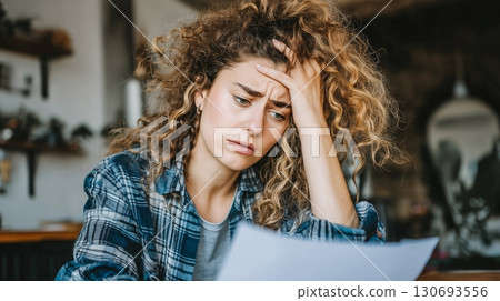 Young woman feels distressed while reading a letter in a cozy indoor setting during the day 130693556