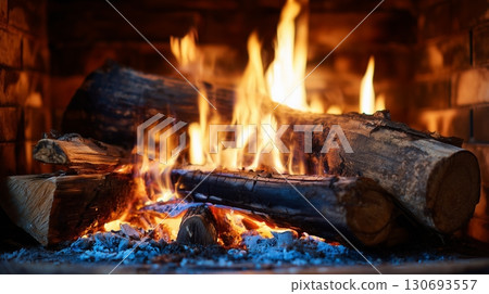 Burning logs in a fireplace creating bright flames and glowing embers during a cozy evening indoors 130693557