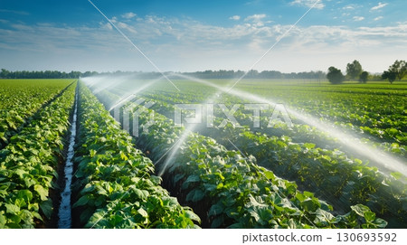 Lush green agricultural field with rows of crops being irrigated by sprinklers under bright blue sky,showcasing farming techniques 130693592