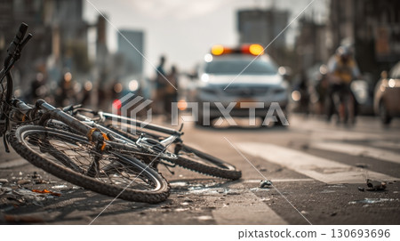Bicycle crash on busy city street with emergency vehicles responding during the afternoon rush hour 130693696