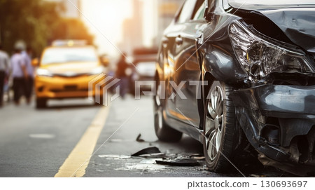 Serious car accident on busy city street during sunset, causing traffic disruptions and emergency response 130693697