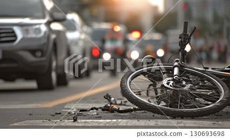 Bicycle accident scene in a busy urban street during late afternoon rush hour 130693698