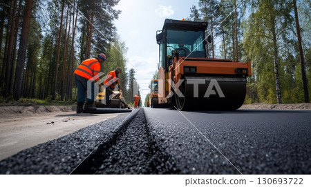 Construction workers laying fresh asphalt on countryside path surrounded by trees during daylight 130693722