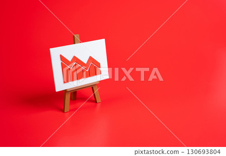 Falling chart on red background. Symbol of recession, stock market crash, and corporate risks. Suitable for financial instability, economic analysis, and crisis management. Falling chart on red background. Symbol of recession, stock market crash, and corporate risks. Suitable for financial instability, economic analysis, and crisis management. 130693804
