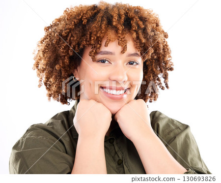 Happy, beautiful and portrait of a black woman with confidence isolated on a white background. Smile, happiness and an African girl with empowerment, smiling and confident on a studio backdrop 130693826