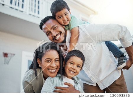 Portrait, happy family and piggyback outdoor at new home, real estate loan and building mortgage together. Parents, kids and smile outdoor for property investment, moving house and future security Portrait, happy family and piggyback outdoor at new home, real estate loan and building mortgage together. Parents, kids and smile outdoor for property investment, moving house and future security 130693886