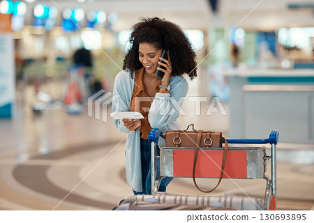 Phone call, airport and black woman with ticket for travel, luggage and suitcase for global holiday. Plane transport, communication and girl with smartphone for schedule, talking and flight details Phone call, airport and black woman with ticket for travel, luggage and suitcase for global holiday. Plane transport, communication and girl with smartphone for schedule, talking and flight details 130693895