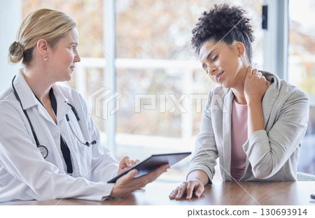 Consulting, neck pain and medical with black woman and doctor for injury, healthcare and physical therapy. Tablet, checklist and medicine with expert and patient for examination, research and results 130693914