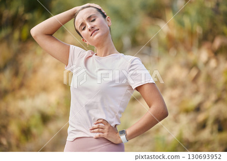 Runner, neck pain and woman in nature for fitness with problem, ache or inflammation. Sports, headache and girl suffering fibromyalgia, arthritis or fatigue while on cardio, workout or run in forest Runner, neck pain and woman in nature for fitness with problem, ache or inflammation. Sports, headache and girl suffering fibromyalgia, arthritis or fatigue while on cardio, workout or run in forest 130693952