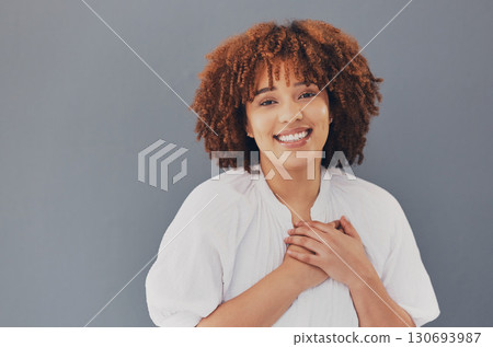 Black woman, portrait and face with hands on chest or heart for love, care and support for charity. Face of African person with hand for gratitude, kindness and trust or thank you on gray background 130693987