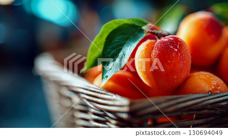 Ripe apricots with green leaves in a rustic wicker basket Ripe apricots with green leaves in a rustic wicker basket 130694049
