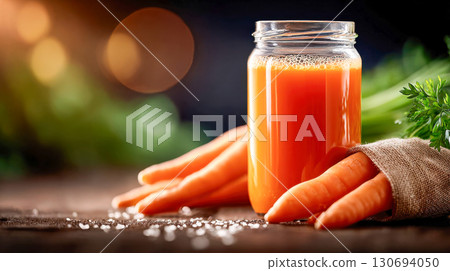 Fresh carrot juice in a glass jar with ginger root and carrots on a rustic wooden table Fresh carrot juice in a glass jar with ginger root and carrots on a rustic wooden table 130694050