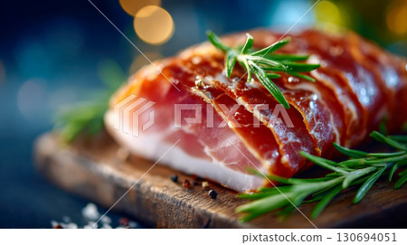 Close-up of freshly sliced cured ham with rosemary garnish on a rustic wooden board Close-up of freshly sliced cured ham with rosemary garnish on a rustic wooden board 130694051
