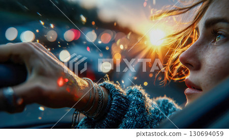 Joyful woman leaning out of a car window, hair flowing in the breeze, enjoying the freedom of the open road. 130694059