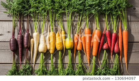 Fresh colorful heirloom carrots with green tops arranged on wooden background 130694097
