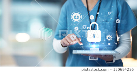 Medical cybersecurity, tablet and hands of doctor, surgeon or nurse with virtual hologram for database lock. Mockup hospital, life insurance and woman with digital archive biometric for info safety Medical cybersecurity, tablet and hands of doctor, surgeon or nurse with virtual hologram for database lock. Mockup hospital, life insurance and woman with digital archive biometric for info safety 130694256