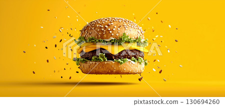 Cheeseburger floating on vibrant yellow background Cheeseburger floating on vibrant yellow background 130694260