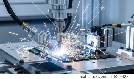 Industrial Laser Processing Machine Working on Electronic Circuit Board with Sparks 130694284