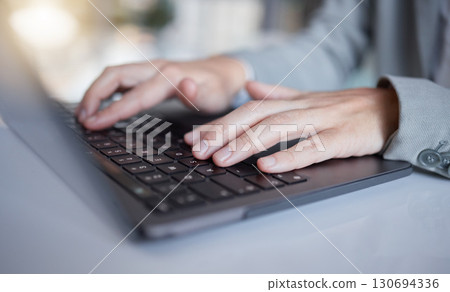 Closeup, business and hands typing, laptop and connection to search online, check website and planning. Zoom, female employee and administrator with device, signal or internet for digital information 130694336