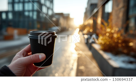 Hand holding black coffee cup on sunny city street Hand holding black coffee cup on sunny city street 130694337