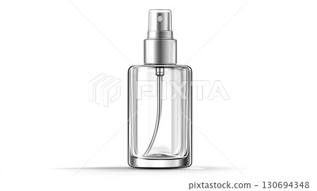 Clear glass spray bottle with silver nozzle isolated 130694348