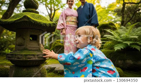 一個穿著和服的孩子對日本花園長滿青苔的石燈籠感到好奇 130694350