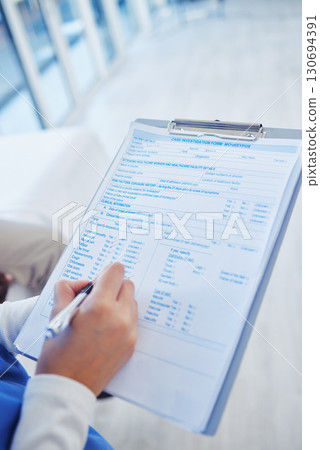 Clipboard, monkey pox investigation and hand writing hospital case report with patient information. Medical info, documents and doctor hands with consulting, insurance and testing document for virus 130694391