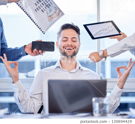 Relax, lotus and business man in office meditation for time management, office balance or peace at his desk. Calm worker, happy person or manager stress relief on technology, documents or chaos hands Relax, lotus and business man in office meditation for time management, office balance or peace at his desk. Calm worker, happy person or manager stress relief on technology, documents or chaos hands 130694429