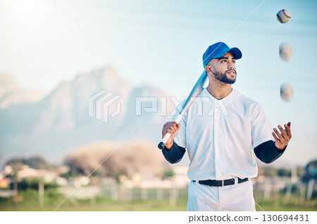 Sports, baseball and man with ball and bat on field ready for game, practice and competition. Sport mockup, fitness action and male athlete outdoors for exercise, training and workout for match Sports, baseball and man with ball and bat on field ready for game, practice and competition. Sport mockup, fitness action and male athlete outdoors for exercise, training and workout for match 130694431