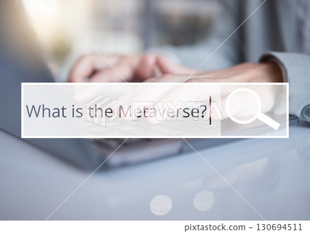 Metaverse, search bar and overlay with a business woman on a laptop to research data or information about virtual reality. Future, virtual reality or searching with a female employee researching vr 130694511